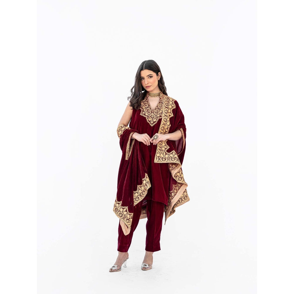 Daljit Sudan Maroon Velvet Minar Cape with Kurta and Pant (Set of 3)