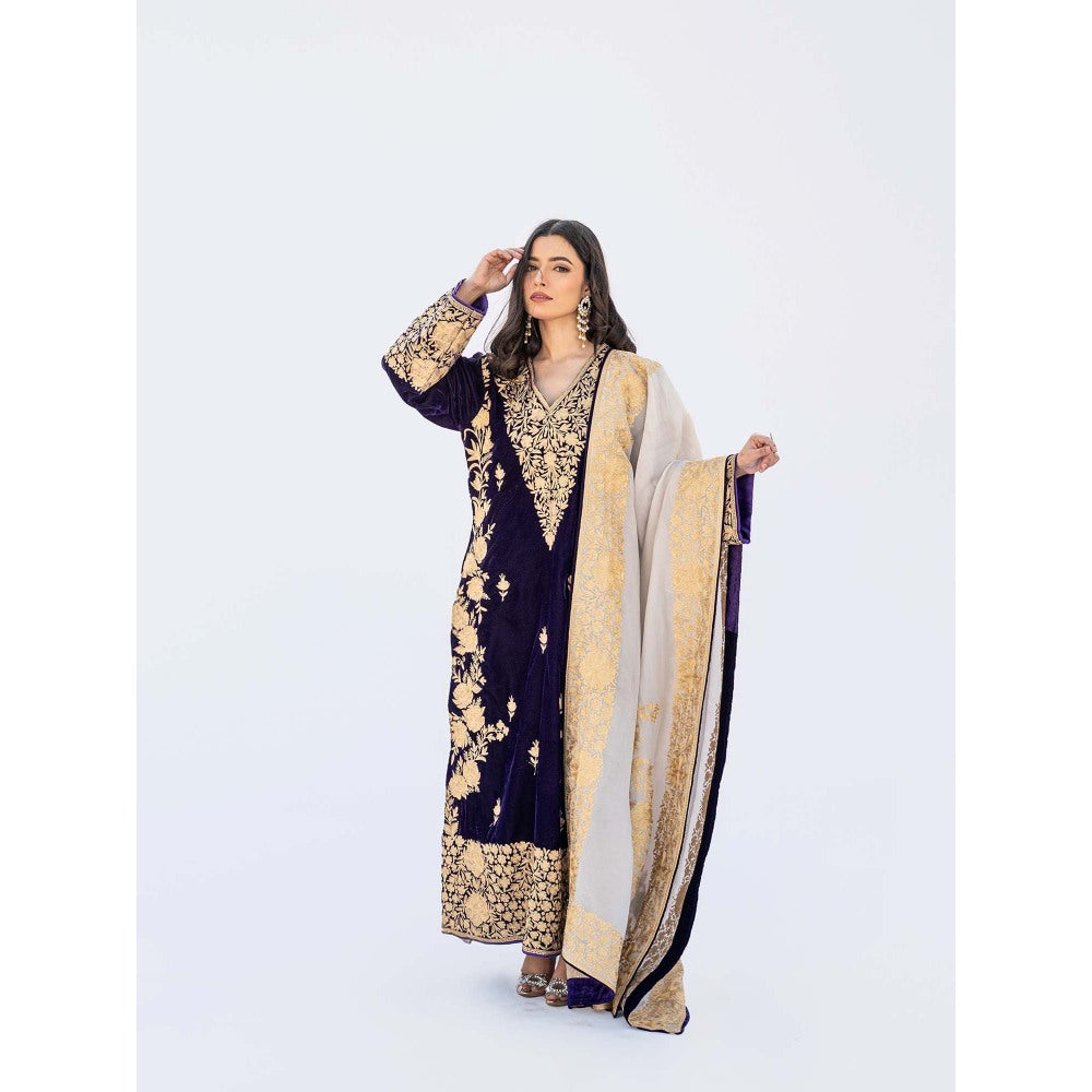 Daljit Sudan Dark Purple Velvet Aari Heavy Kurta with Churidar and Dupatta (Set of 3)
