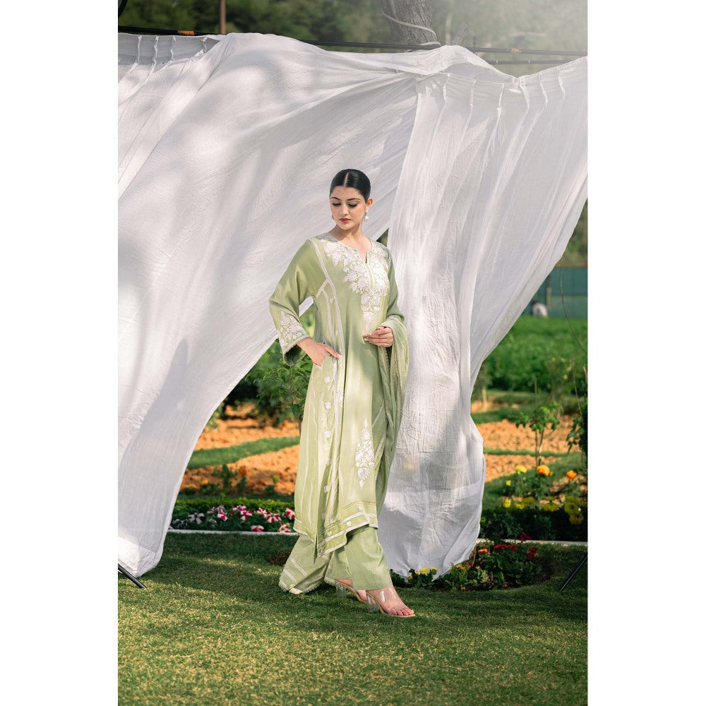 Daljit Sudan Mint Green Muslin Kurta with Pant and Dupatta (Set of 3)