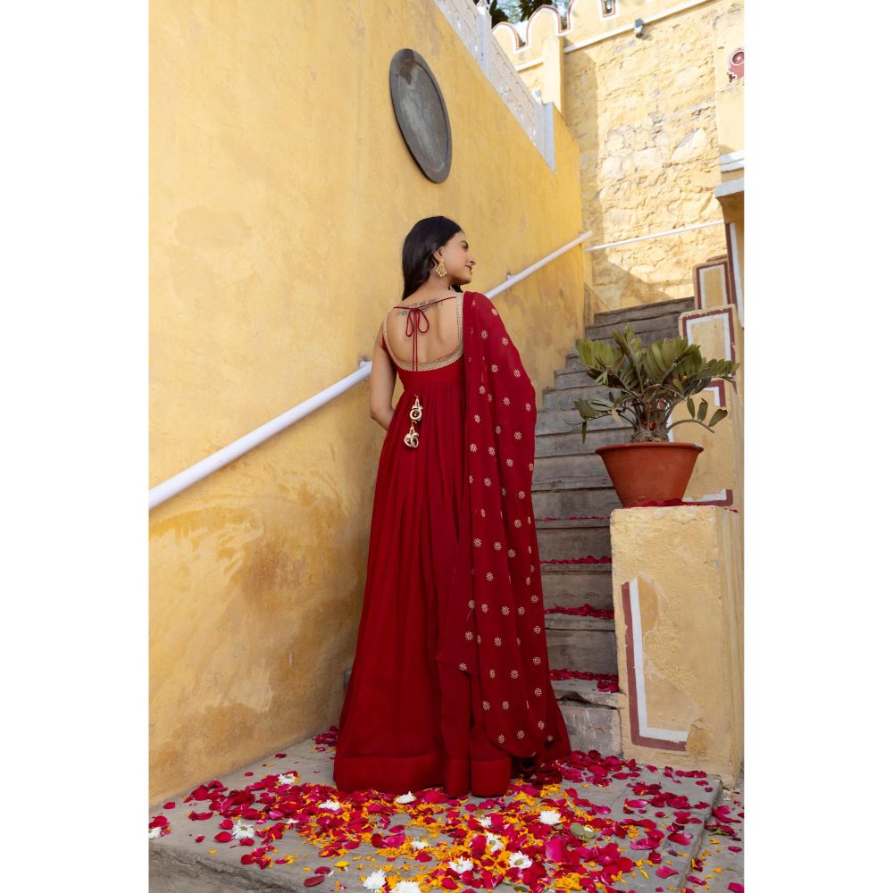 DEASHA INDIA Barkha Red Anarkali with Pant and Dupatta (Set of 3)