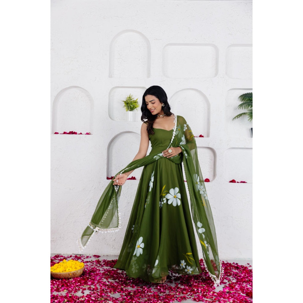 DEASHA INDIA Reva Green Handpainted Anarkali with Pant and Dupatta (Set of 3)