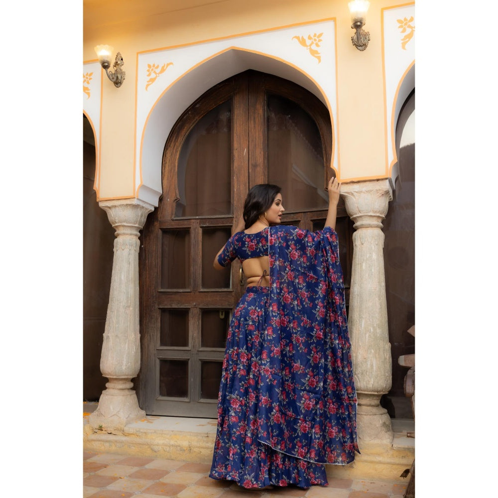 DEASHA INDIA Saira Blue Floral Printed Lehenga with Blouse and Dupatta (Set of 3)