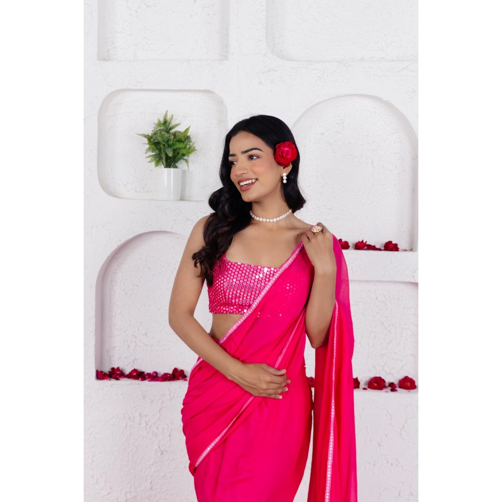 DEASHA INDIA Gia French Rose Pink Ruffle Pre Draped Saree with Stitched Blouse