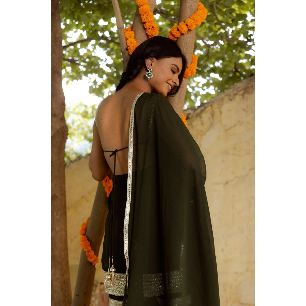 DEASHA INDIA Firdaus Mehendi Green Detailed Sharara with Short Kurta and Dupatta (Set of 3)