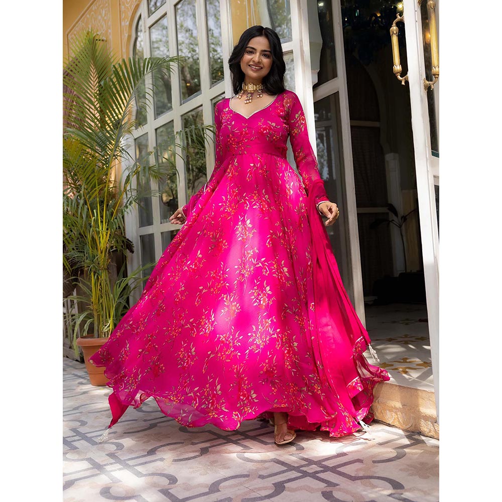 DEASHA INDIA Idika Magenta Floral Printed Anarkali with Pant and Dupatta (Set of 3)