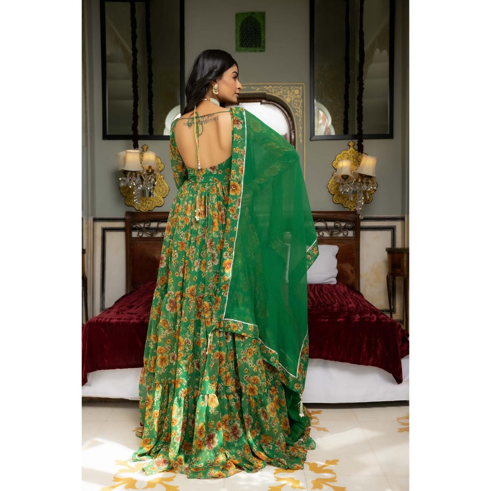 DEASHA INDIA Ishya Green Floral Printed Tiered Anarkali with Pant and Dupatta (Set of 3)
