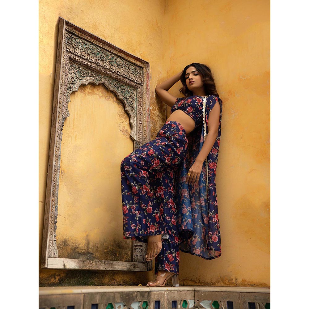 DEASHA INDIA Clara Ford Blue Floral Printed Bustier with Palazzo and Cape (Set of 3)