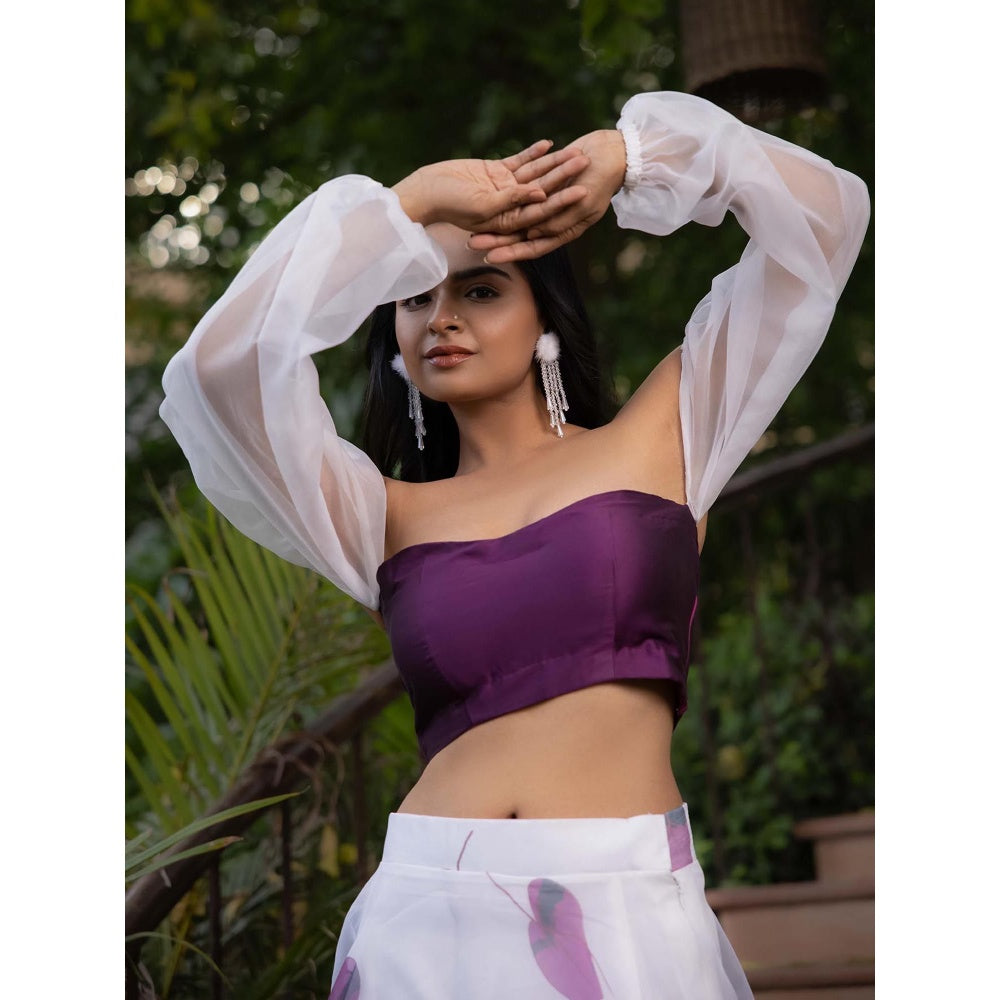 DEASHA INDIA Dira Eggplant Purple Organza Leaf Printed Skirt with Crop Top (Set of 2)