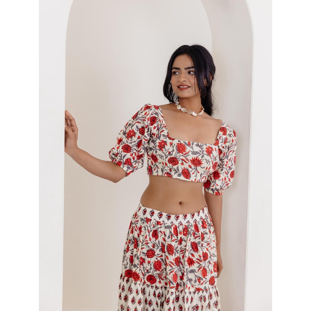 DEASHA INDIA White Enora Cotton Floral Printed Crop Top with Skirt (Set of 2)