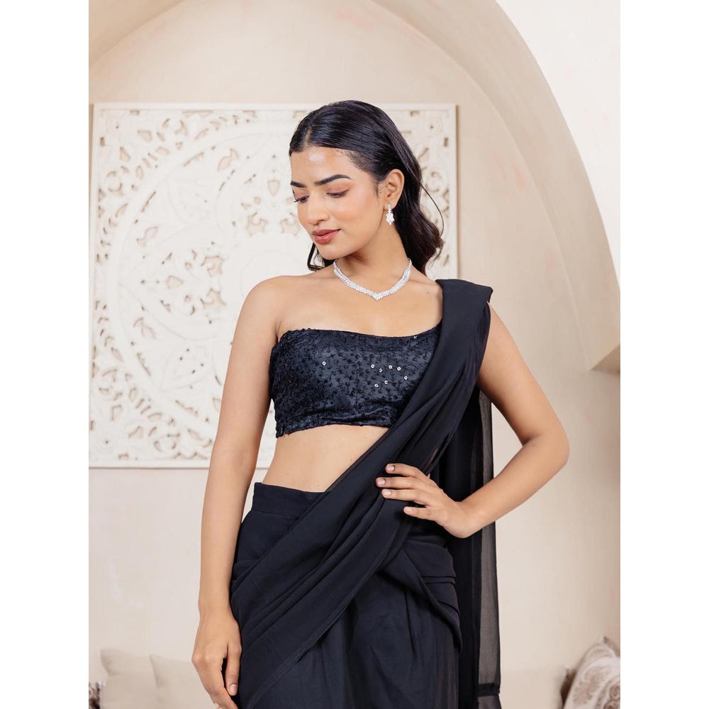 DEASHA INDIA Sana Black One Shoulder Ready To Wear Saree with Stitched Blouse