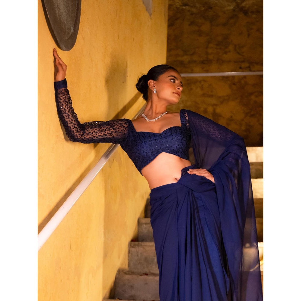 DEASHA INDIA Navy Blue Pre Draped Saree with Stitched Blouse