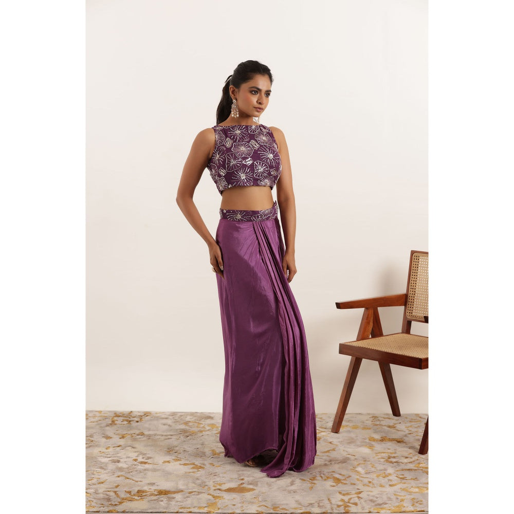 DEASHA INDIA Nishaat Regal Purple Silk Pre Draped Saree with Stitched Blouse