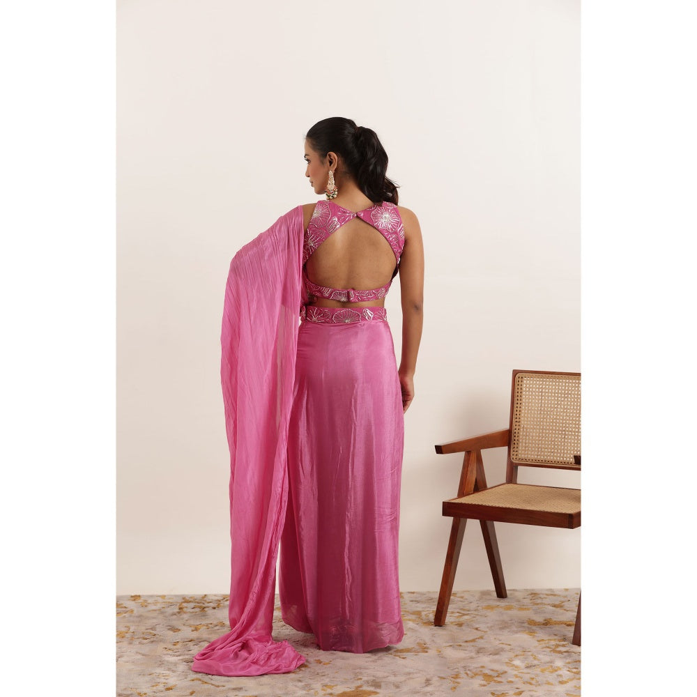 DEASHA INDIA Nazah Pink Pure Silk Pre Draped Saree with Stitched Blouse