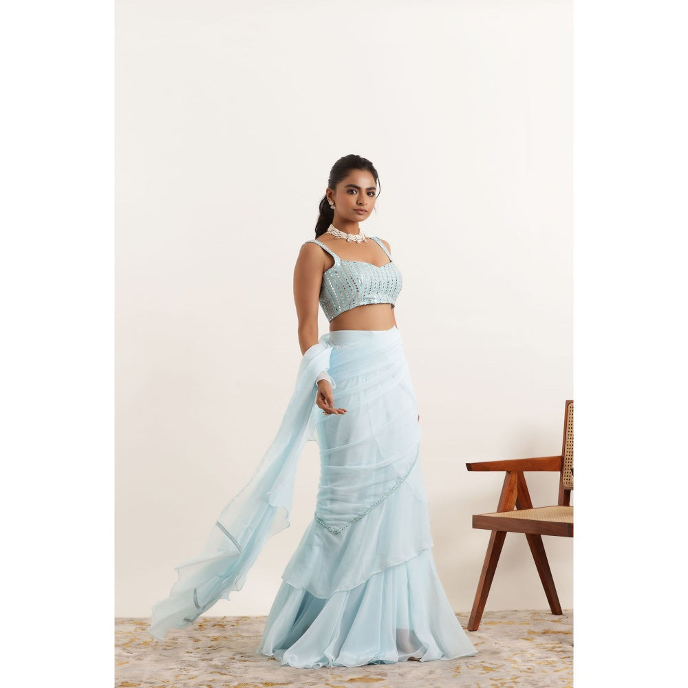 DEASHA INDIA Anoushka Powder Blue Ruffle Saree with Stitched Blouse