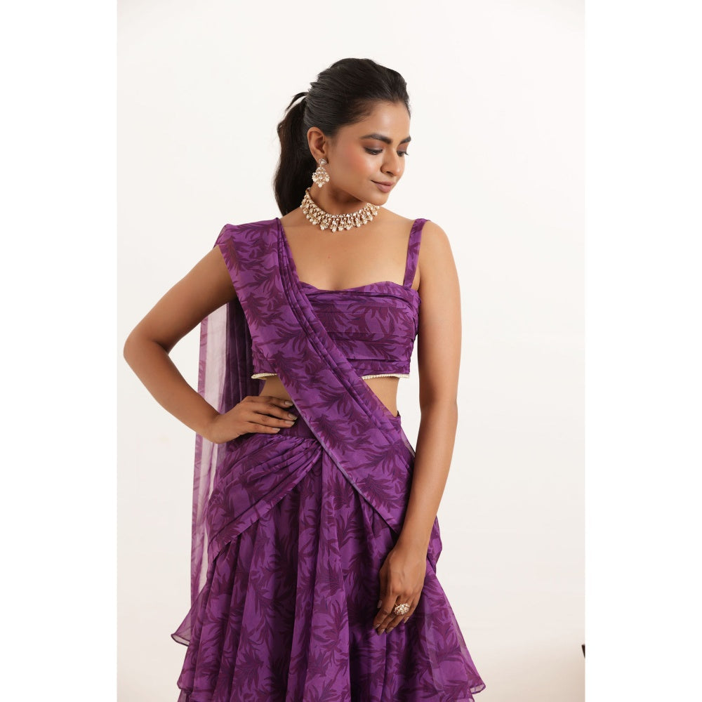DEASHA INDIA Aalia Purple Printed Ruffle Pre Drape Saree and Stitched Blouse