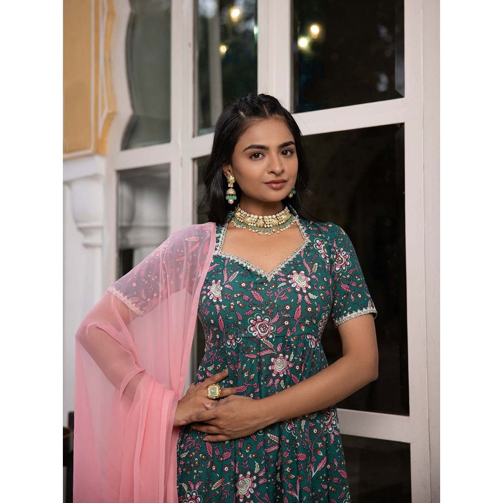 DEASHA INDIA Gulmina Dark Green Floral Printed Anarkali with Pant and Dupatta (Set of 3)