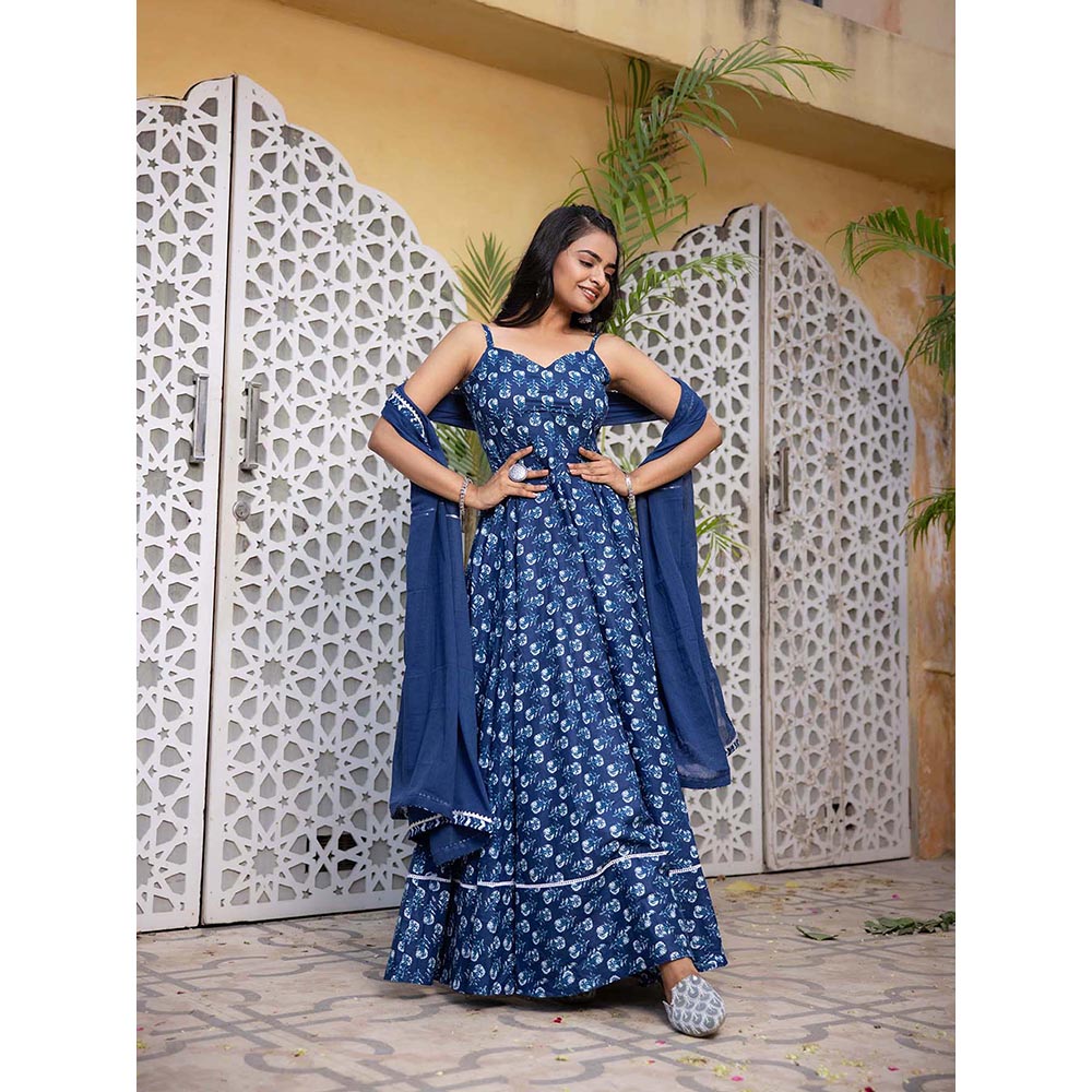 DEASHA INDIA Arna Blue Cotton Anarkali with Pant and Dupatta (Set of 3)