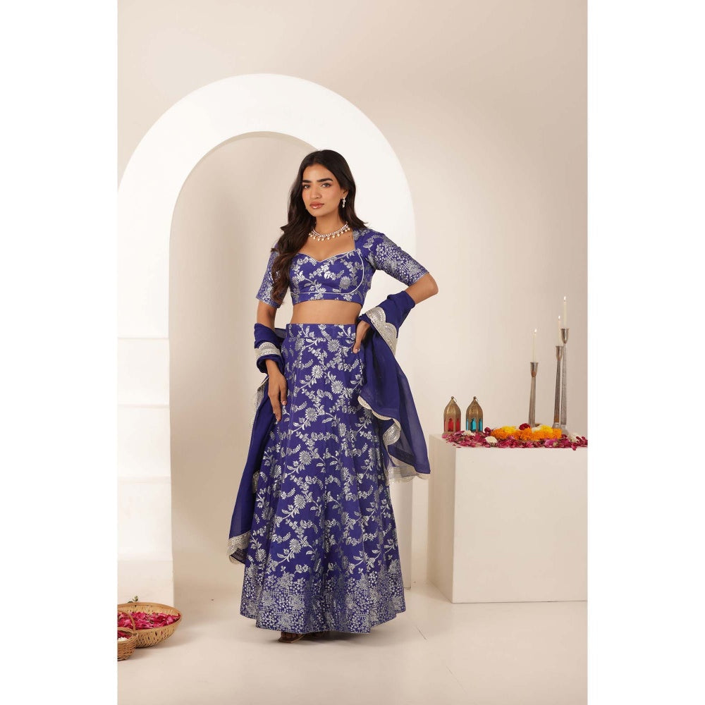 DEASHA INDIA Simar Blue Brocade Lehenga with Blouse and Dupatta (Set of 3)