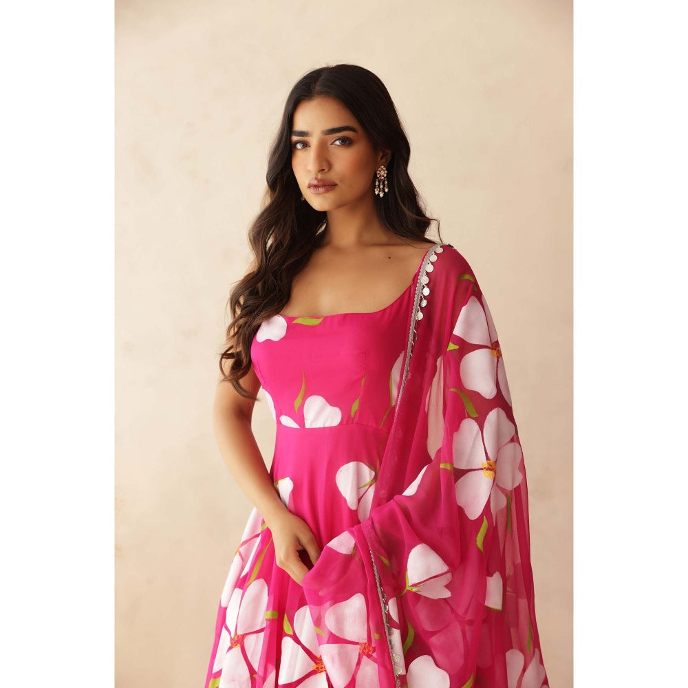 DEASHA INDIA Nahar Pink Hand Painted Anarkali with Pant and Dupatta (Set of 3)