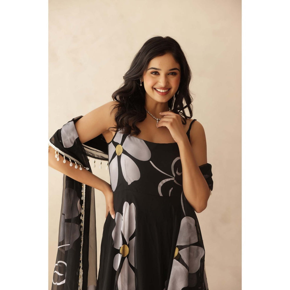 DEASHA INDIA Mahika Black Hand Painted Anarkali with Pant and Dupatta (Set of 3)
