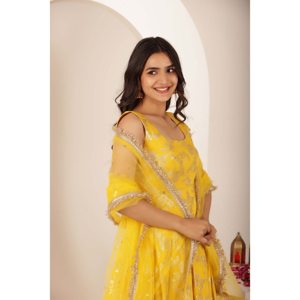 DEASHA INDIA Akshara Yellow Brocade Anarkali with Pant and Dupatta (Set of 3)