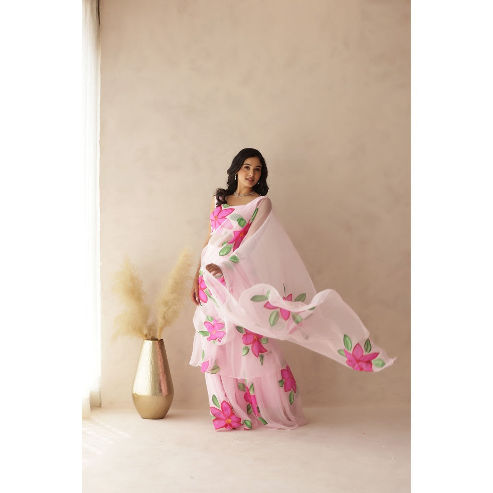 DEASHA INDIA Yuvika Pink Hand Painted Pre-Draped Saree with Stitched Blouse