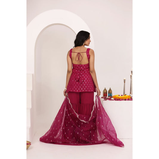 DEASHA INDIA Nora Cherry Pink Chikankari Sharara with Kurti and Dupatta (Set of 3)