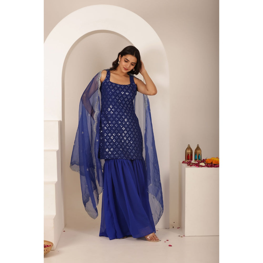 DEASHA INDIA Keerthi Blue Chikankari Sharara with Kurti and Dupatta (Set of 3)