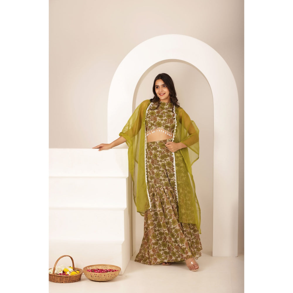 DEASHA INDIA Saee Green Floral Forest Organza Sharara with Crop Top and Cape (Set of 3)
