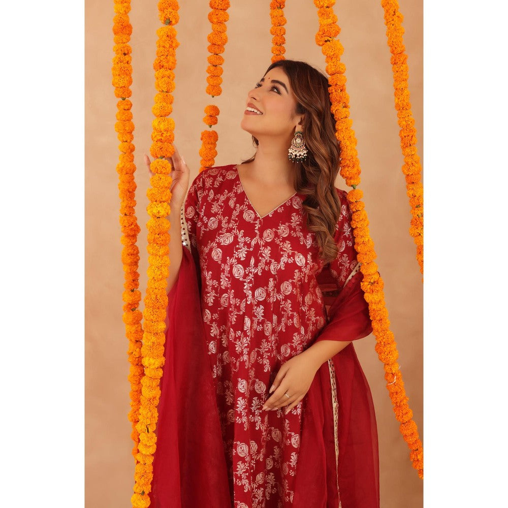 DEASHA INDIA Geet Red Brocade Anarkali with Pant & Dupatta