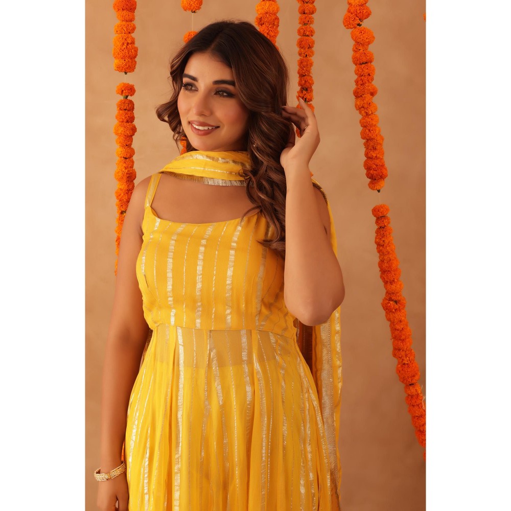 DEASHA INDIA Kaamya Yellow Lurex Anarkali with Pant & Dupatta