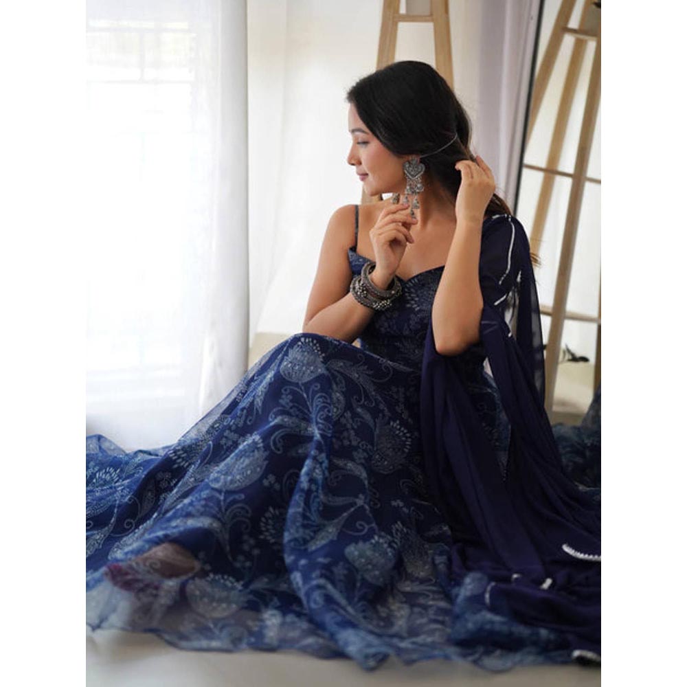 DEASHA INDIA Navy Blue Organza Floral Printed Anarkali Kurta With Pant And Dupatta
