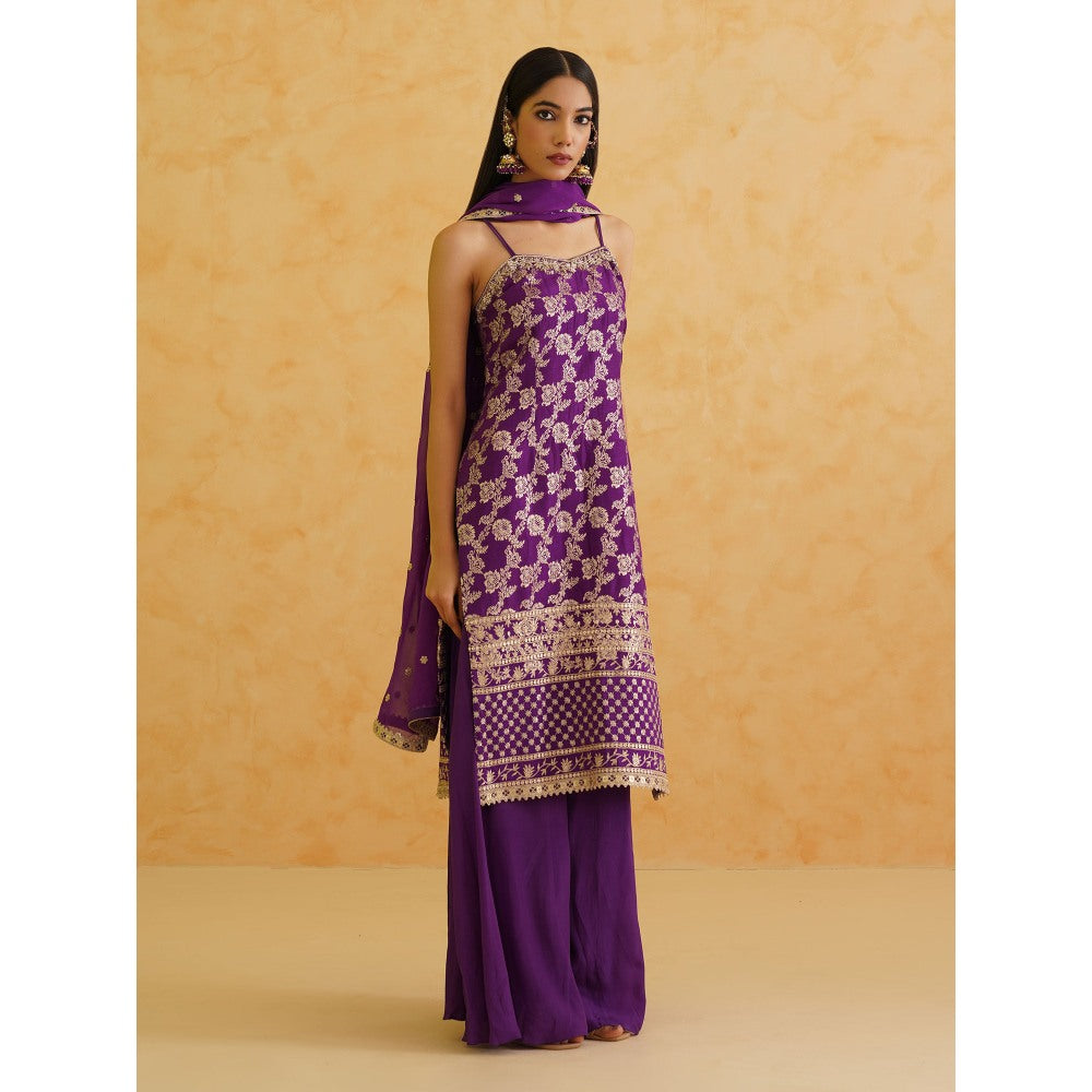Deepika Chadha Purple Brocade Kurta with Sharara and Dupatta (Set of 3)