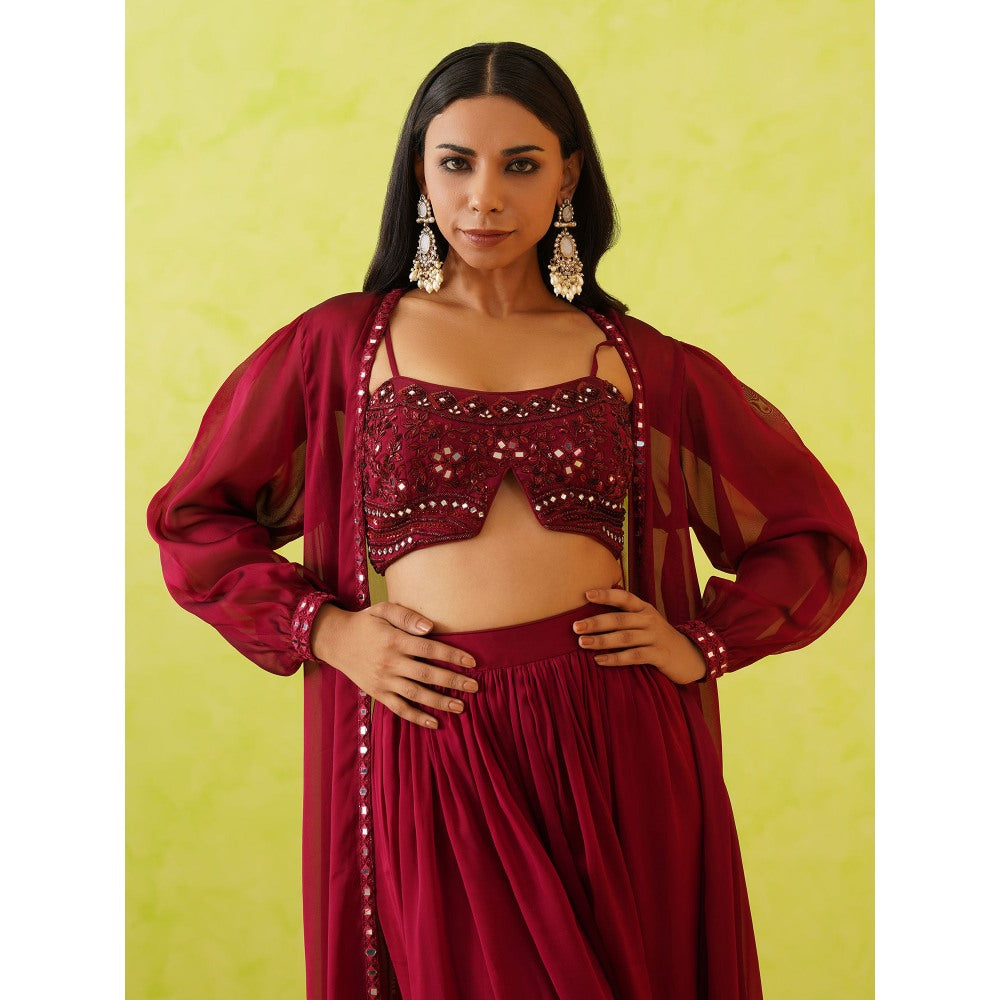 Deepika Chadha Maroon Embroidered Crop Top with Shrug and Skirt (Set of 3)
