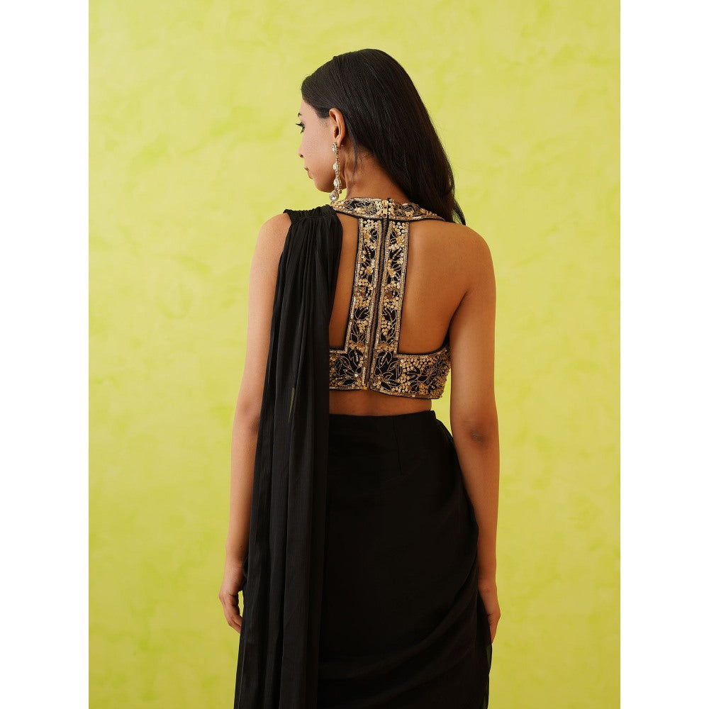 Deepika Chadha Black Pre-Draped Embellished Saree with Stitched Blouse