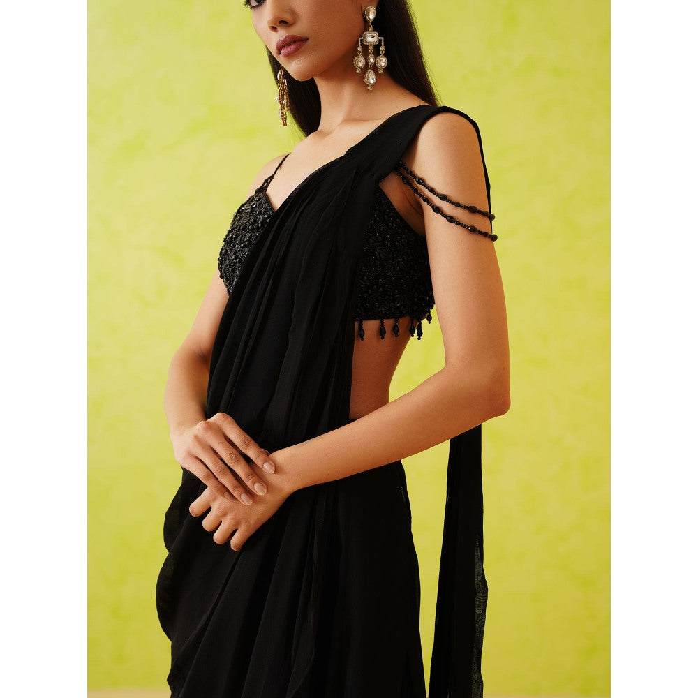 Deepika Chadha Black Pre-Draped Embellished Saree with Stitched Blouse