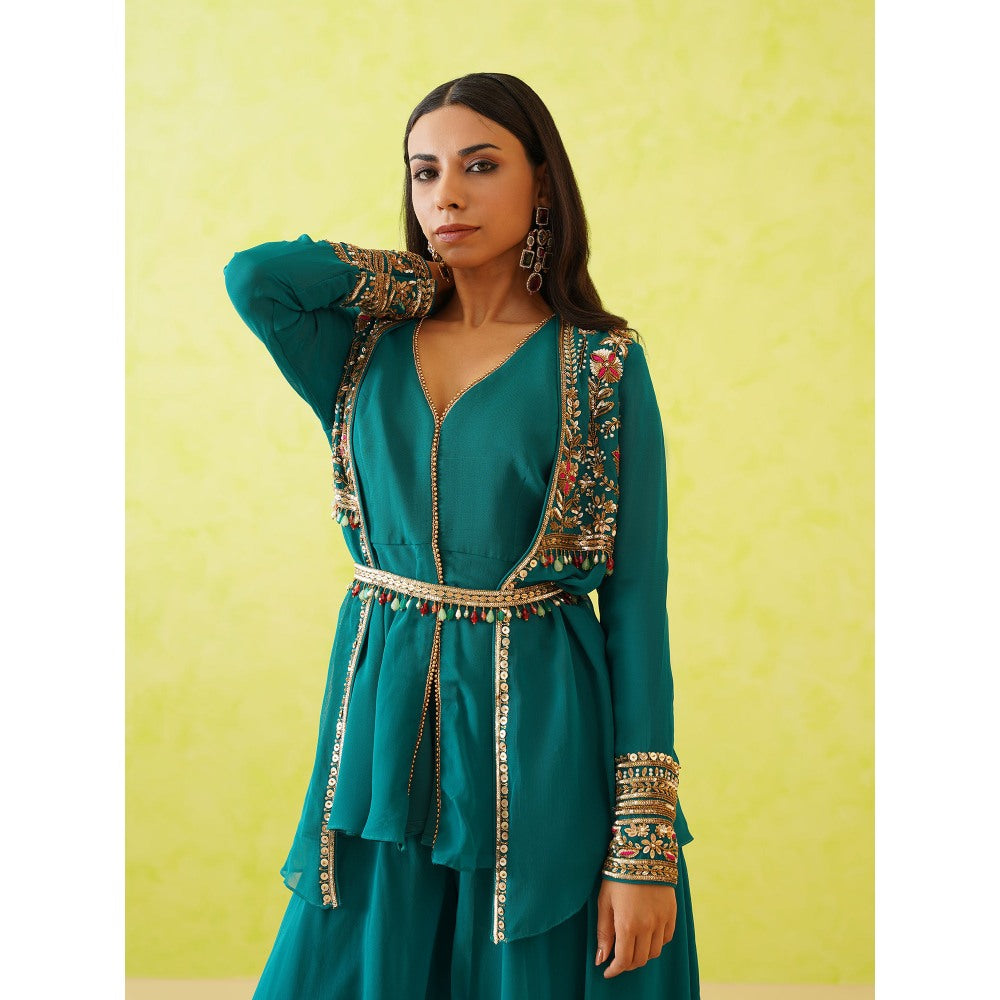 Deepika Chadha Green Jacket with Top, Belt and Sharara (Set of 4)