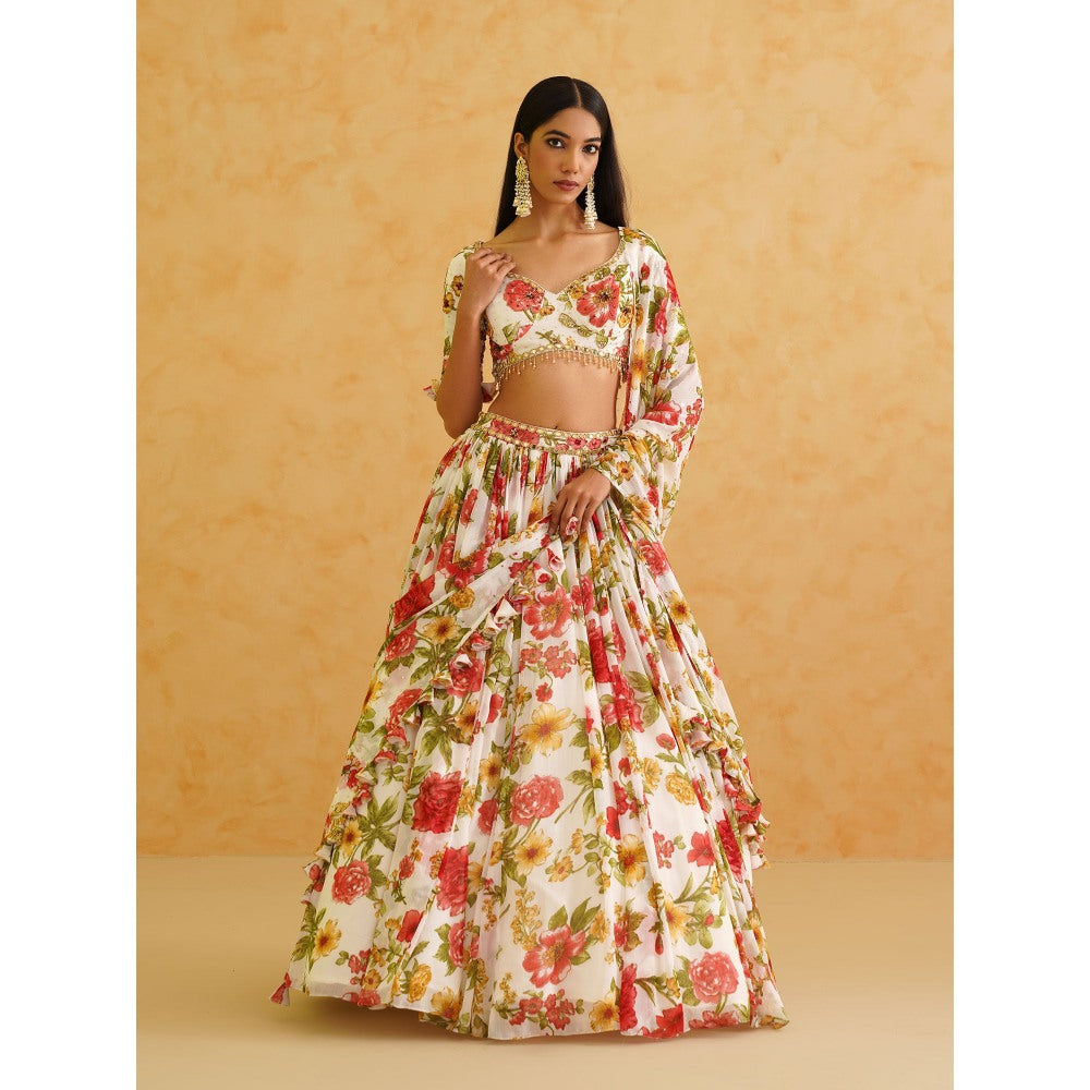 Deepika Chadha White Printed Georgette Lehenga with Blouse and Dupatta (Set of 3)