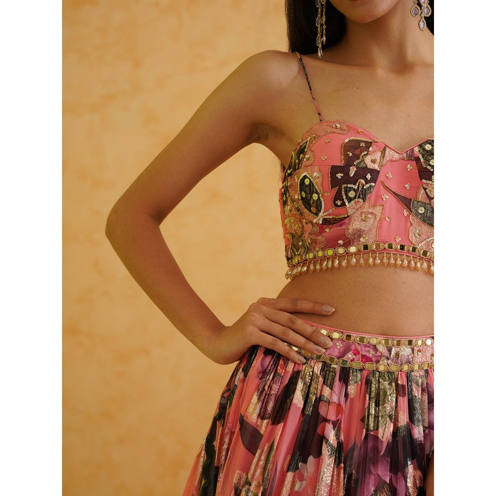 Deepika Chadha Pink Printed Georgette Lehenga with Blouse and Dupatta (Set of 3)