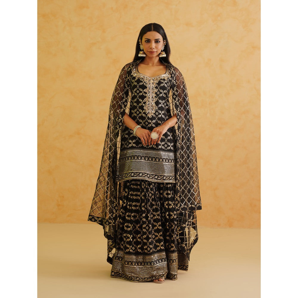 Deepika Chadha Black Brocade Kurti with Sharara and Dupatta (Set of 3)