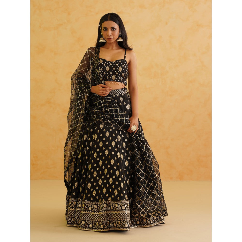 Deepika Chadha Black Brocade Lehenga with Blouse and Dupatta (Set of 3)