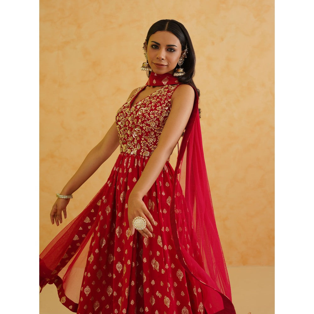 Deepika Chadha Red Brocade Anarkali with Churidar and Dupatta (Set of 3)