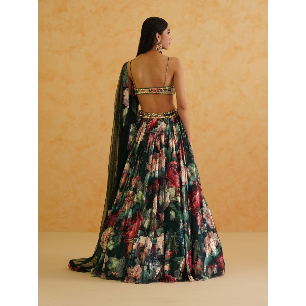 Deepika Chadha Green Printed Georgette Lehenga with Blouse and Dupatta (Set of 3)