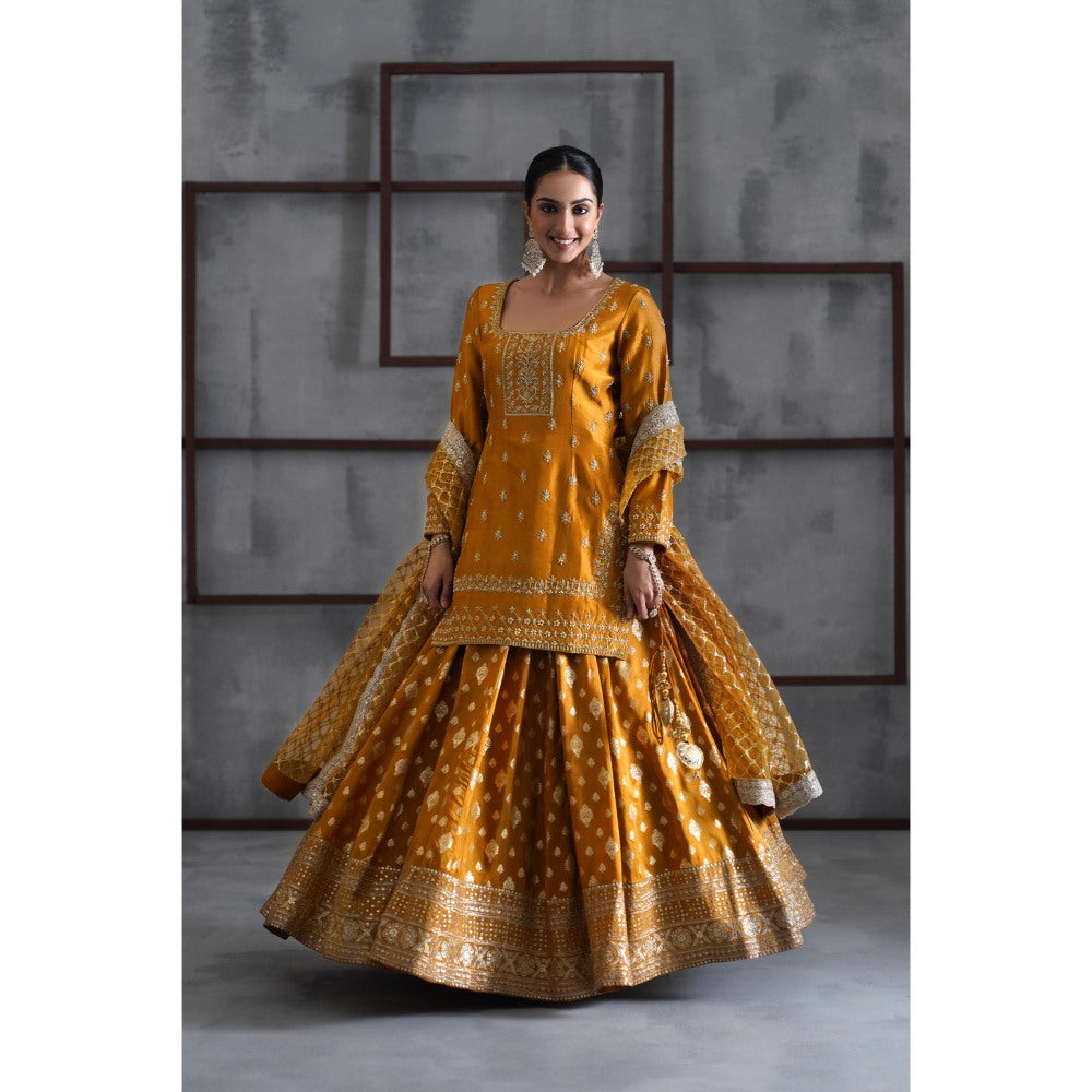 Deepika Chadha Mustard Embroidered Kurti with Lehenga and Dupatta (Set of 3)