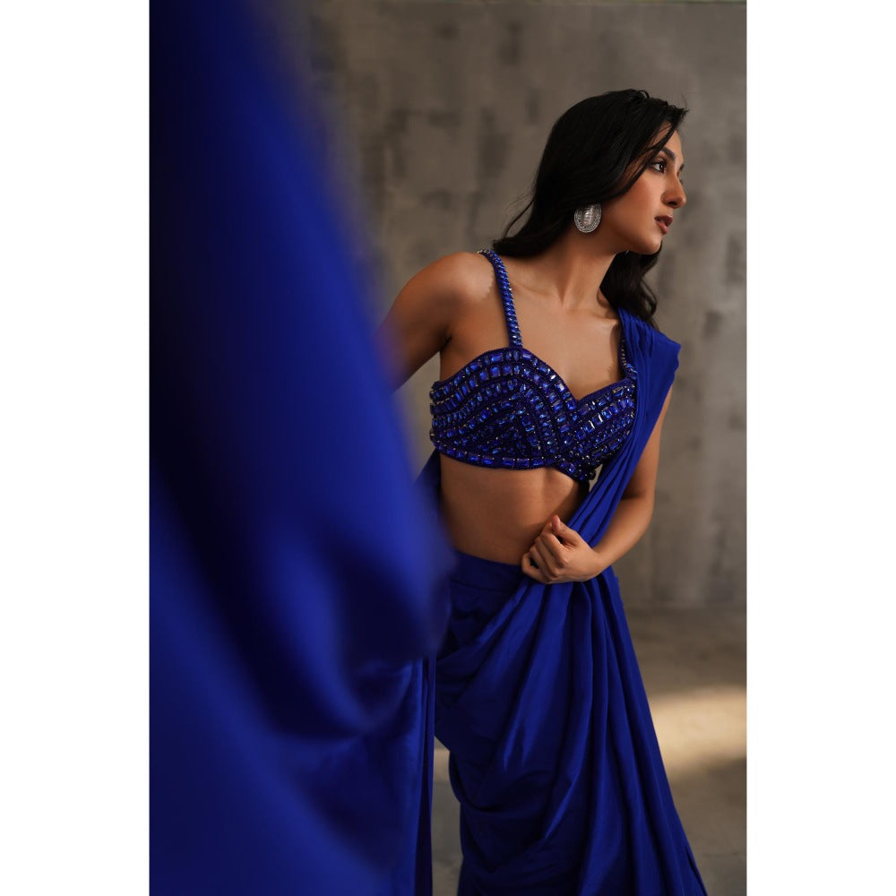 Deepika Chadha Royal Blue Embellished Pre-Draped Saree with Stitched Blouse