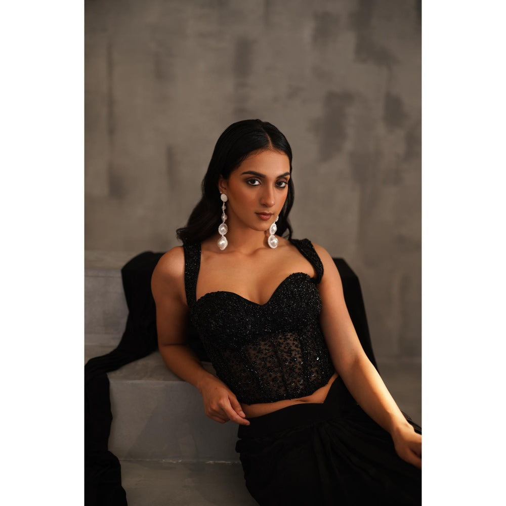 Deepika Chadha Black Embellished Pre-Drape Saree with Stitched Blouse