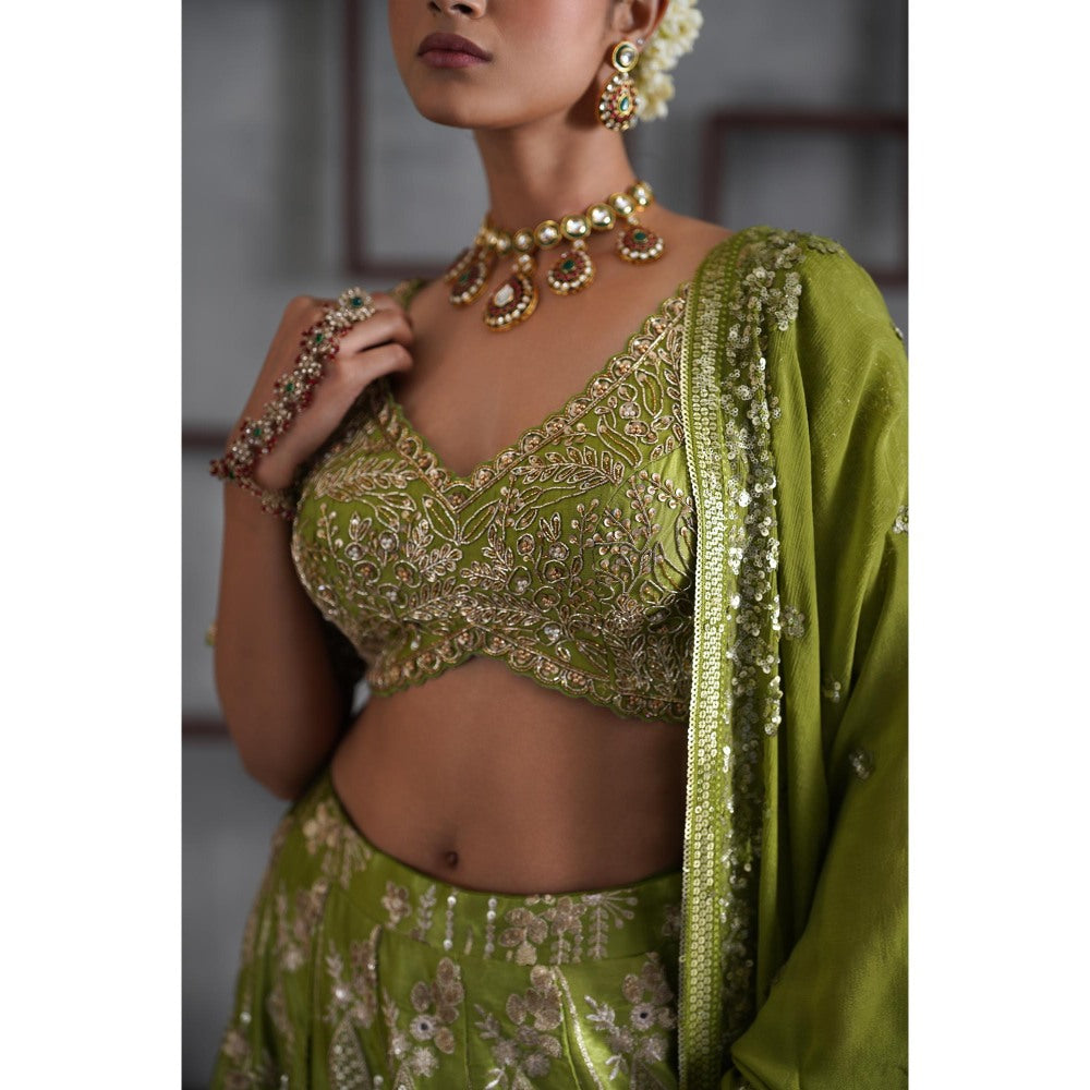 Deepika Chadha Green Embroidered Blouse with Lehenga and Dupatta (Set of 3)