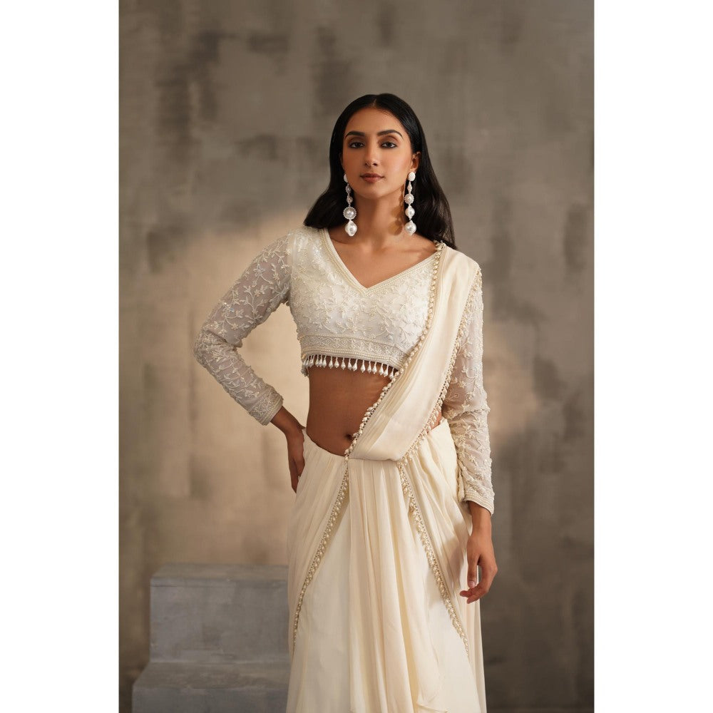 Deepika Chadha Off White Pre-Drape Saree with Stitched Blouse