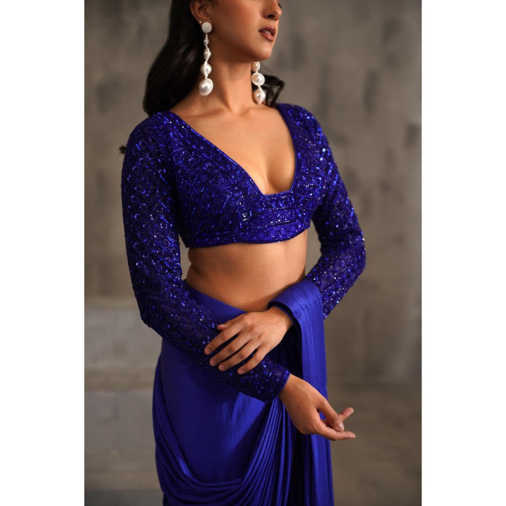 Deepika Chadha Royal Blue Embroidered Pre-Drape Saree with Stitched Blouse