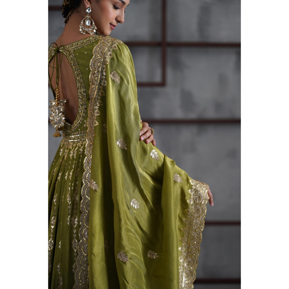 Deepika Chadha Mehendi Green Embroidered Anarkali with Churidar and Dupatta (Set of 3)